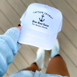 Nautical Navy Blue Custom Captain Boat Name Trucker Hat<br><div class="desc">Custom nautical boating hat design features a simple,  stylish navy blue coastal style design with boat anchor accent. Personalize the custom text with the name of the boat,  boat owner or captain,  location,  or other preferred wording. Navy blue colour can be modified.</div>