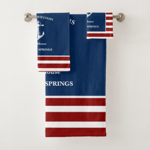 Nautical Navy Blue Custom Family Lake House Anchor Bath Towel Set