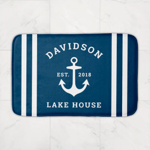 Nautical Navy Blue Custom Family Lake House Bath Mat