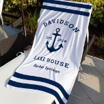 Nautical Navy Blue Custom Family Lake House Beach Towel<br><div class="desc">Nautical beach towel features a coastal style boat anchor and stripes design. Personalize the custom text with a family last name   lake house (or other title) with the year established and location. Classic navy blue and white colour scheme.</div>