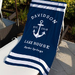 Nautical Navy Blue Custom Family Lake House Beach Towel<br><div class="desc">Nautical beach towel features a coastal style boat anchor and stripes design. Personalize the custom text with a family last name   lake house (or other title) with the year established and location. Classic navy blue and white colour scheme.</div>