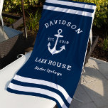 Nautical Navy Blue Custom Family Lake House Beach Towel<br><div class="desc">Nautical beach towel features a coastal style boat anchor and stripes design. Personalize the custom text with a family last name lake house (or other title) with the year established and location. Classic navy blue and white colour scheme.</div>