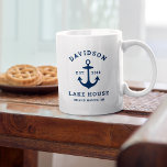 Nautical Navy Blue Custom Family Lake House Coffee Mug<br><div class="desc">Nautical fleece "Lake House" coffee mug features a coastal style boat anchor and classic style typography design. Personalize the custom text with a family last name   lake house (or other title),  the year established,  and location. Classic navy blue and white colour scheme.</div>
