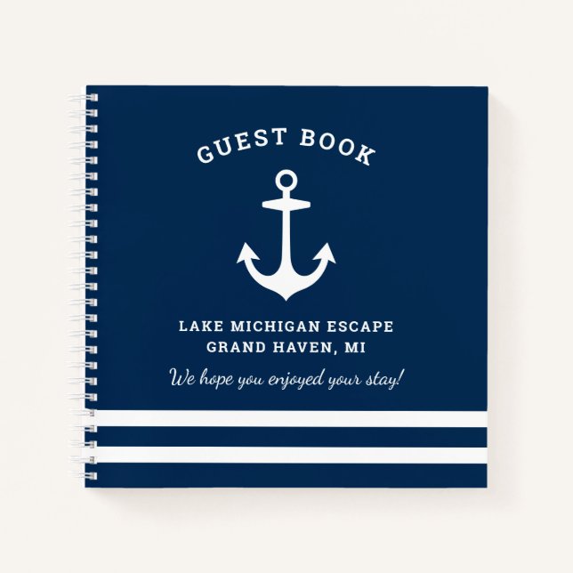 Nautical Navy Blue Custom Vacation Home Guestbook Notebook (Front)