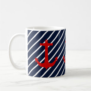 Nautical Navy Blue Diagonal Stripe Red Anchor Coffee Mug