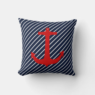 Nautical Navy Blue Diagonal Stripe Red Anchor Throw Pillow