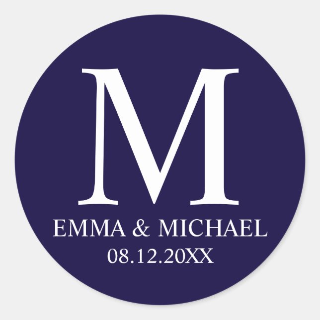 Nautical Navy Blue Elegant Monogram Wedding Favour Classic Round Sticker (Front)