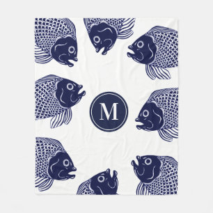 Nautical Navy Blue Fish Head   Personalized Fleece Blanket