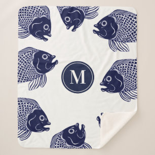Nautical Navy Blue Fish Heads   Monogram Sherpa Blanket