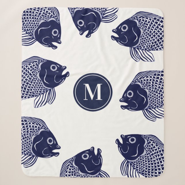 Nautical Navy Blue Fish Heads | Monogram Sherpa Blanket (Front)