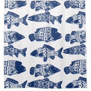 Nautical Navy Blue Floral Patterned Fish