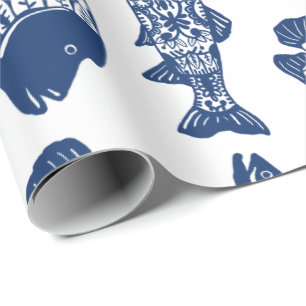Nautical Navy Blue Floral Patterned Fish Wrapping Paper