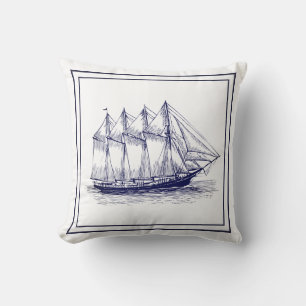 Nautical Navy Blue Frame & Vintage Schooner Ship Throw Pillow