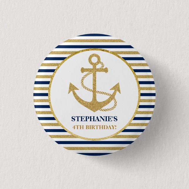 Nautical Navy Blue Gold Anchor 1 Inch Round Button (Front)
