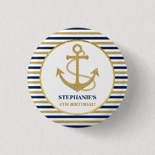 Nautical Navy Blue Gold Anchor 1 Inch Round Button