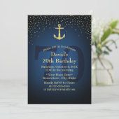 Nautical Navy Blue Gold Anchor 70th Birthday Party Invitation (Standing Front)