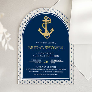 Nautical Navy Blue Gold Anchor Arch Bridal Shower Acrylic Invitations