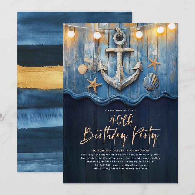 Nautical Navy Blue & Gold Anchor Birthday Party Invitation (Front/Back)