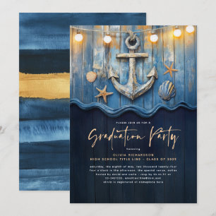 Nautical Navy Blue & Gold Anchor Graduation Party Invitation