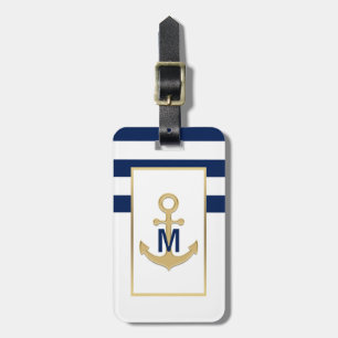 Nautical Navy Blue Gold Anchor Monogram Luggage Tag