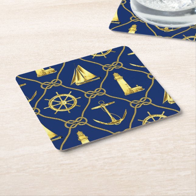 Nautical Navy Blue Gold Anchor Rope Lighthouse Square Paper Coaster (Angled)
