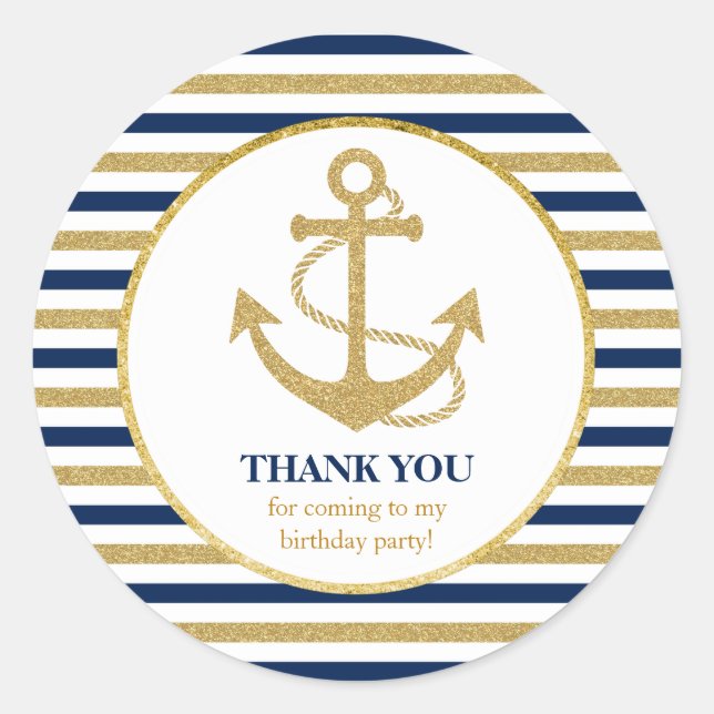 Nautical Navy Blue Gold Anchor Thank You Classic Round Sticker (Front)