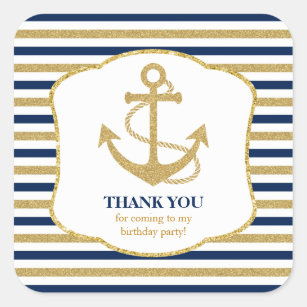 Nautical Navy Blue Gold Anchor Thank You Square Sticker