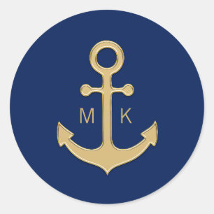 Nautical Navy Blue Gold Anchor Wedding MONOGRAMS Classic Round Sticker