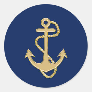 Nautical Navy Blue Gold Anchor Wedding Shower Classic Round Sticker