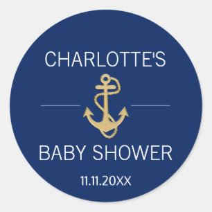 Nautical Navy Blue Gold Anchor White BABY SHOWER Classic Round Sticker