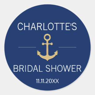 Nautical Navy Blue Gold Anchor White BRIDAL SHOWER Classic Round Sticker