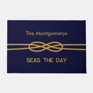 Nautical Navy Blue Gold Rope Custom Names Doormat