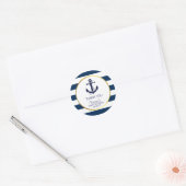 Nautical Navy Blue Gold Stripes Anchor Baby Shower Classic Round Sticker (Envelope)