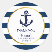 Nautical Navy Blue Gold Stripes Anchor Baby Shower Classic Round Sticker (Front)
