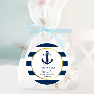 Nautical Navy Blue Gold Stripes Anchor Baby Shower Classic Round Sticker
