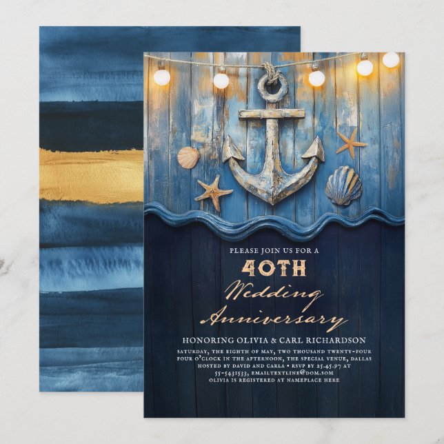 Nautical Navy Blue & Gold Wedding Anniversary Invitation (Front/Back)