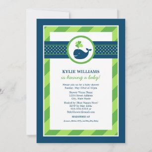 Nautical Navy Blue Green Whale Boy Baby Shower Invitation