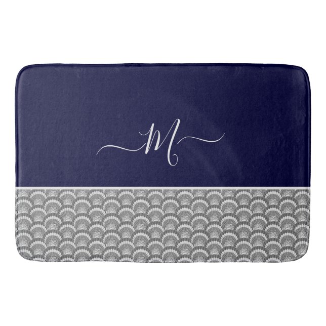 Nautical Navy Blue Grey Seashell Monogram initial  Bath Mat (Front)