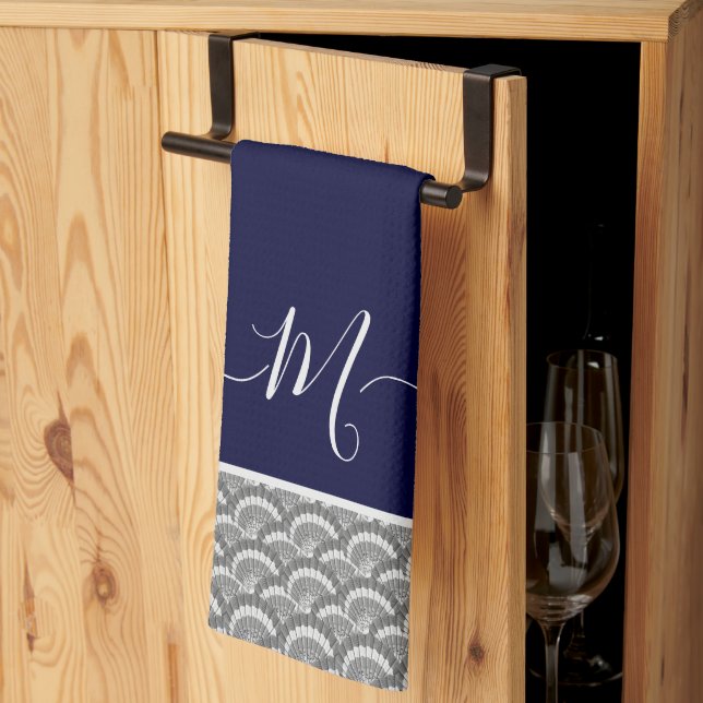 Nautical Navy Blue Grey Seashell Monogram initial  Kitchen Towel (Thirds Fold)