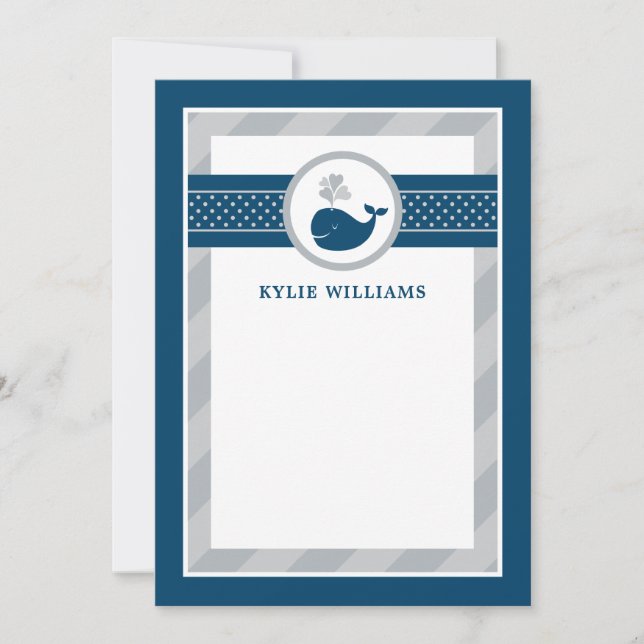 Nautical Navy Blue Grey Whale Personalized Note Ca Card (Front)