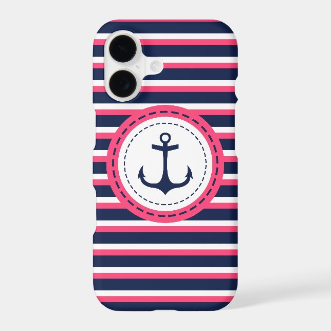 Nautical Navy Blue Hot Pink Stripes Anchor Design (Back)