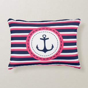 Nautical Navy Blue Hot Pink Stripes Anchor Design Decorative Pillow