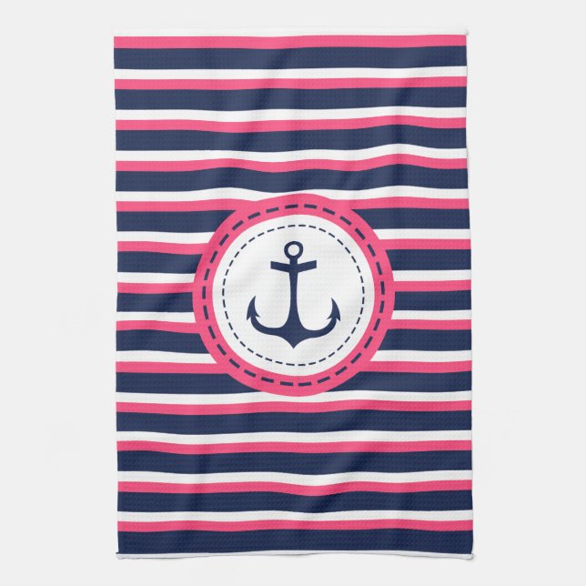 Nautical Navy Blue Hot Pink Stripes Anchor Design Kitchen Towel (Vertical)