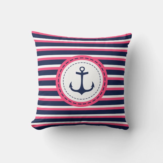 Nautical Navy Blue Hot Pink Stripes Anchor Design Throw Pillow (Front)