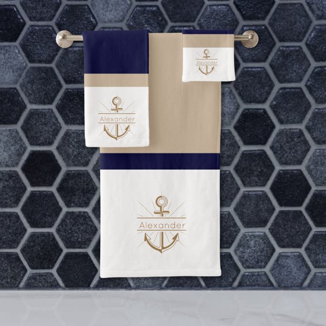  Nautical Navy Blue Khaki  White Anchor Monogram Bath Towel Set (Creator Uploaded)