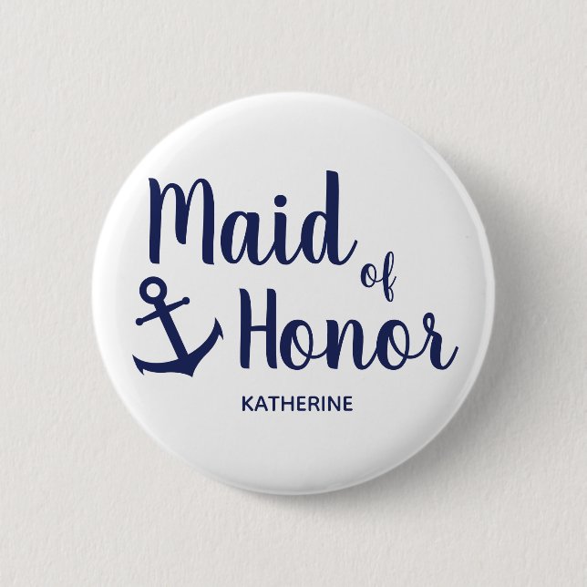Nautical navy blue maid of honour anchor 2 inch round button (Front)