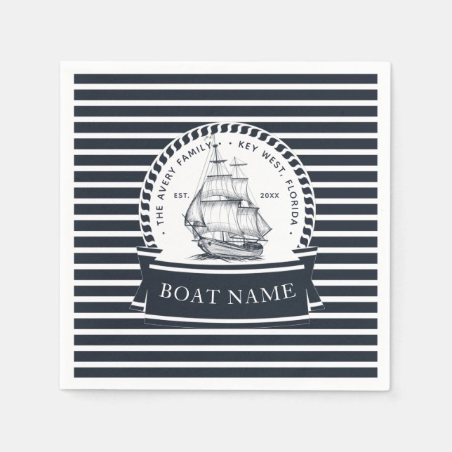 Nautical Navy Blue Modern Personalized Napkin (Front)