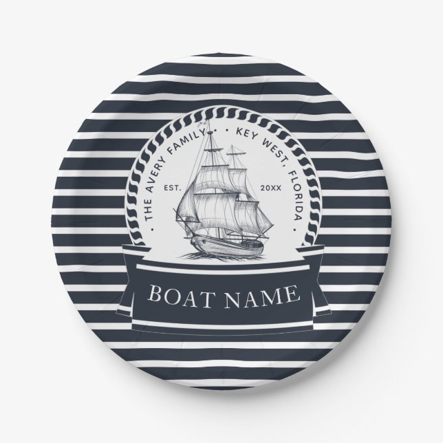 Nautical Navy Blue Modern Personalized Paper Plate (Front)