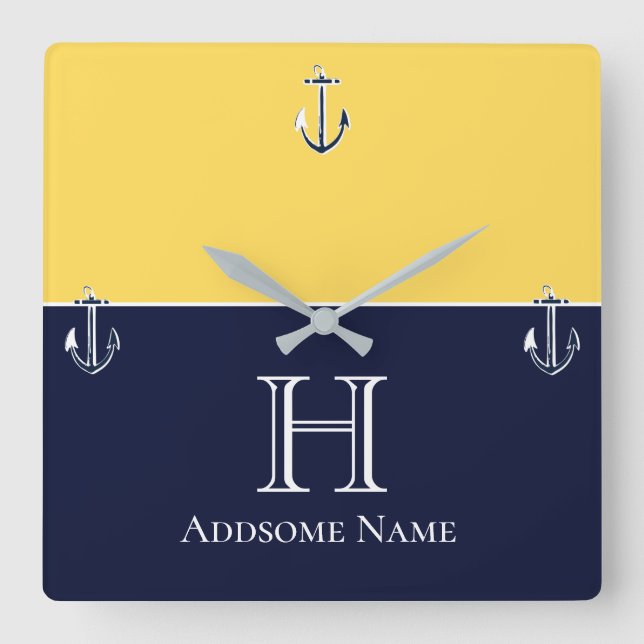 Nautical Navy Blue Mustard Yellow Anchor Monogram Square Wall Clock (Front)