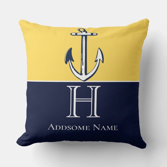 Nautical Navy Blue Mustard Yellow Anchor Monogram Throw Pillow (Front)